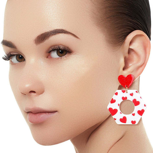 Valentine Heart Earrings White Hexagon