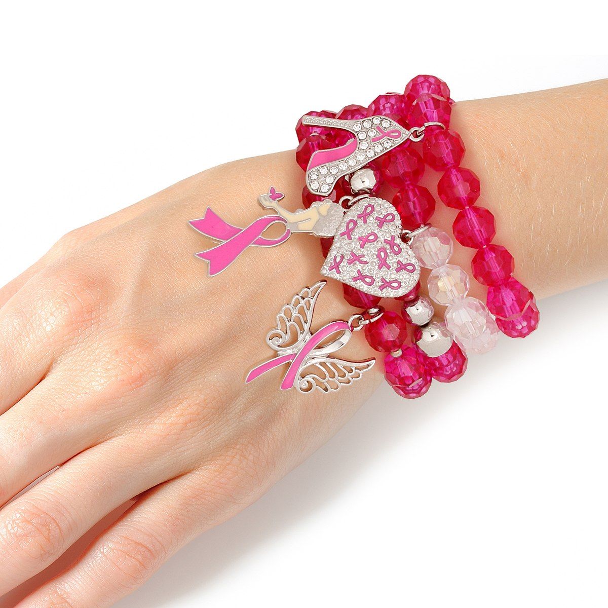Breast cancer fuchsia light pink glass bead angel 4-piece bracelet set awareness