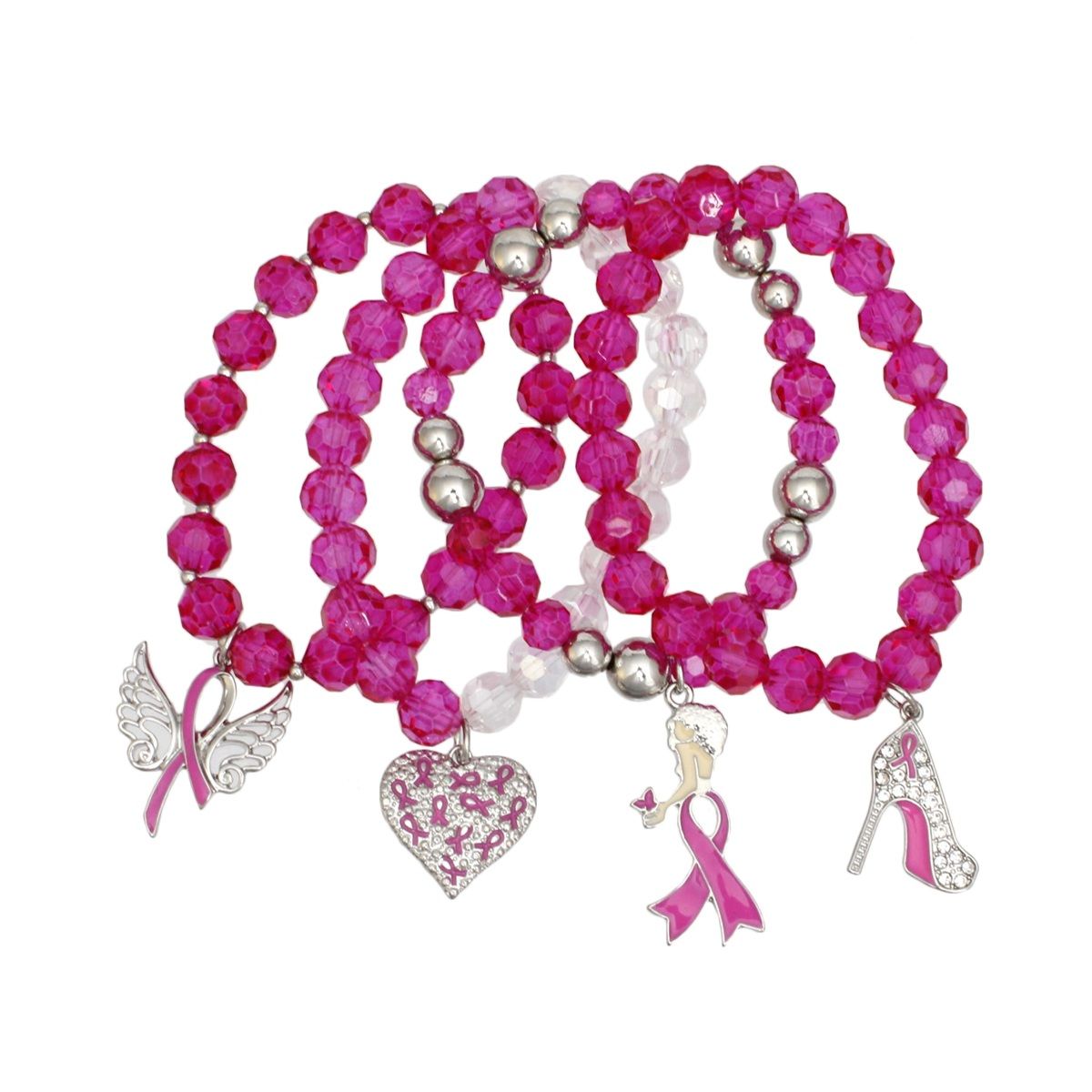 Bold fuchsia pink glass bead breast cancer angel awareness bracelet 4pc set