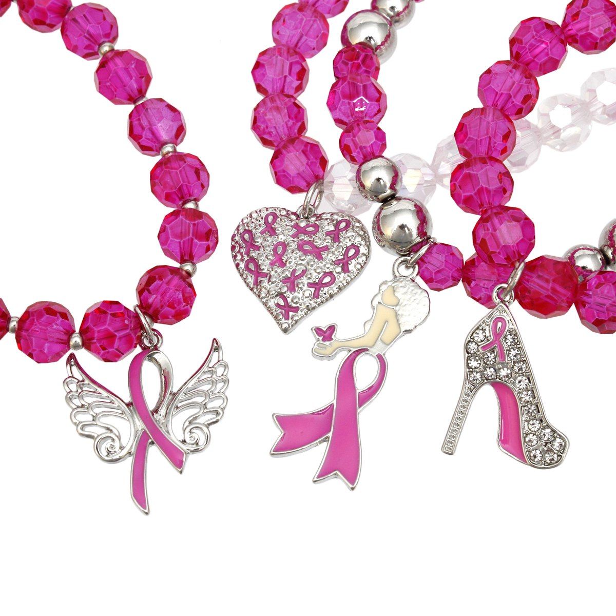 Fuchsia pink glass bead angel breast cancer bracelet set stacked on wrist