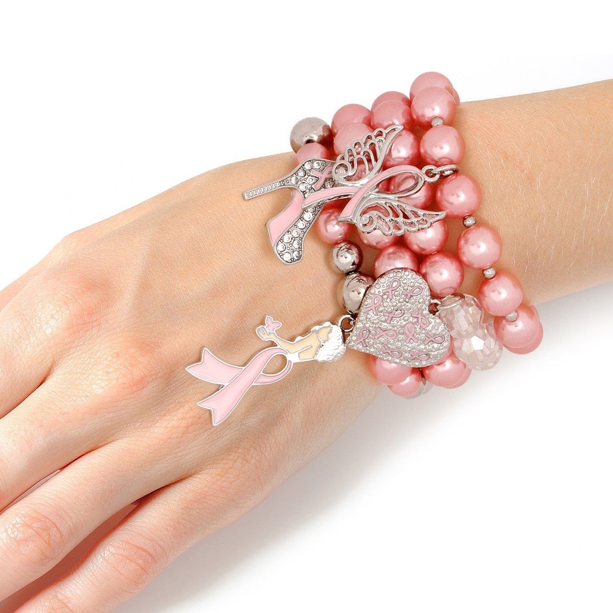 Breast cancer light pink pearl angel 4-piece bracelet set awareness jewelry