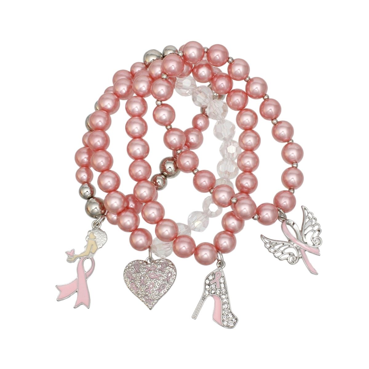 Light pink fuchsia pearl breast cancer angel awareness bracelet 4pc set