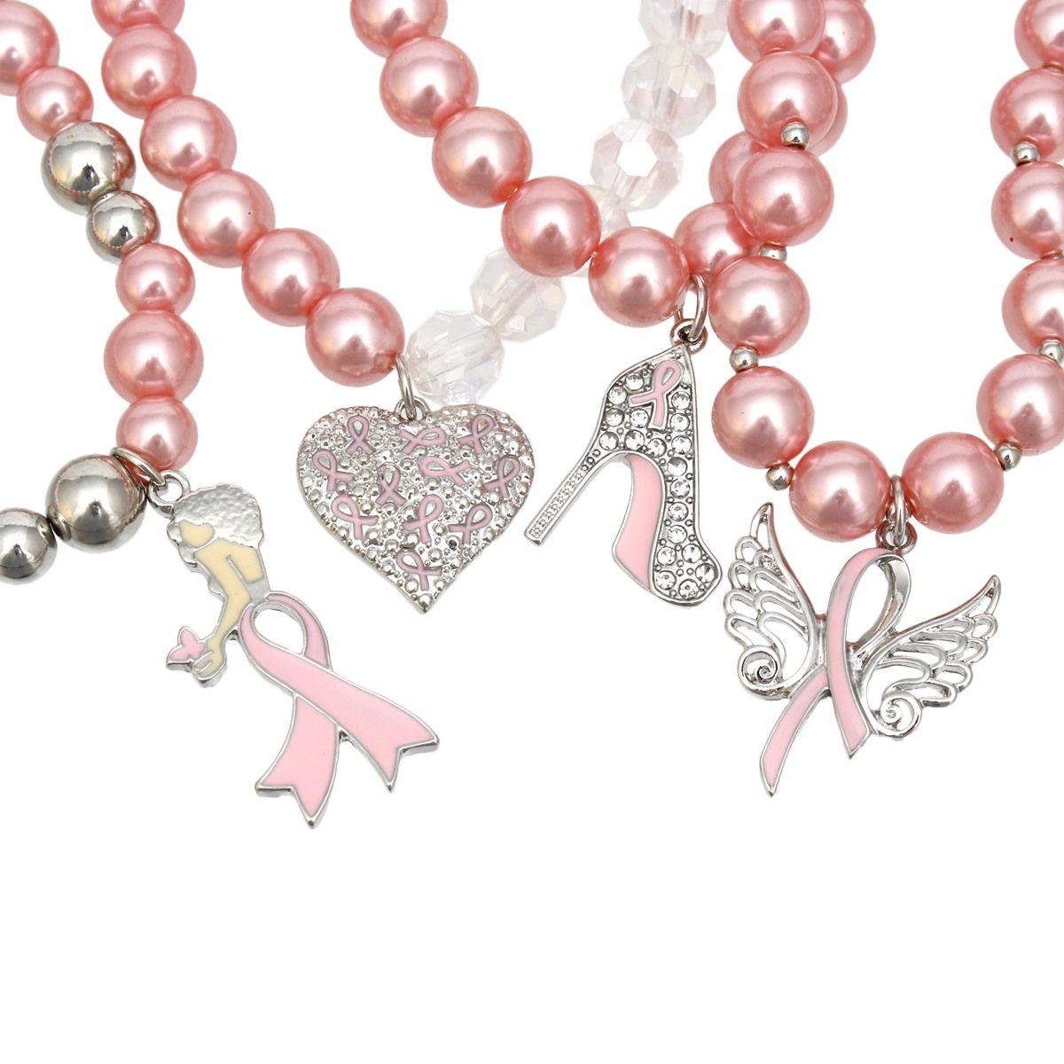 Light pink pearl angel breast cancer bracelet set on wrist