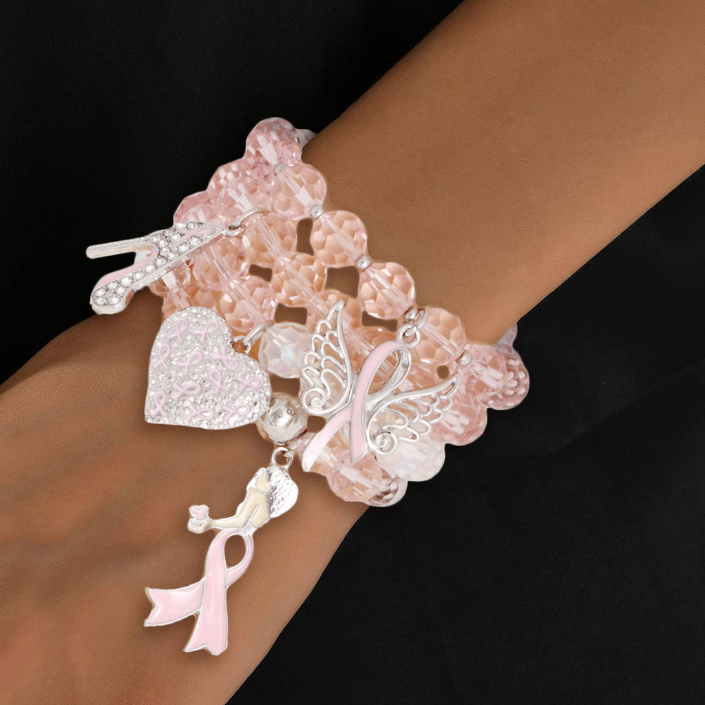 Light pink glass bead angel breast cancer awareness 4-piece bracelet set
