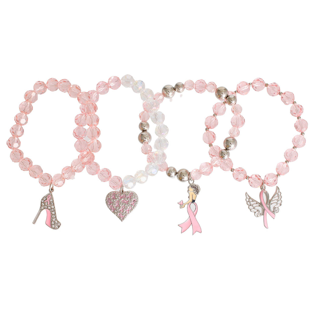 Breast cancer light pink glass bead awareness bracelet set angel charm