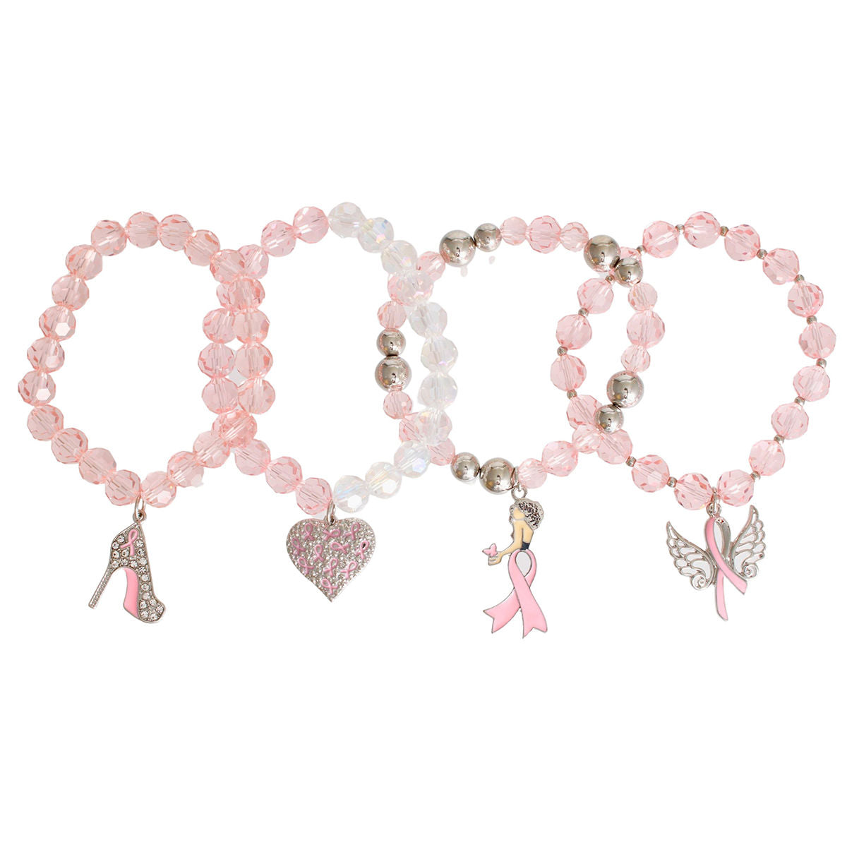Breast cancer light pink glass bead awareness bracelet set angel charm