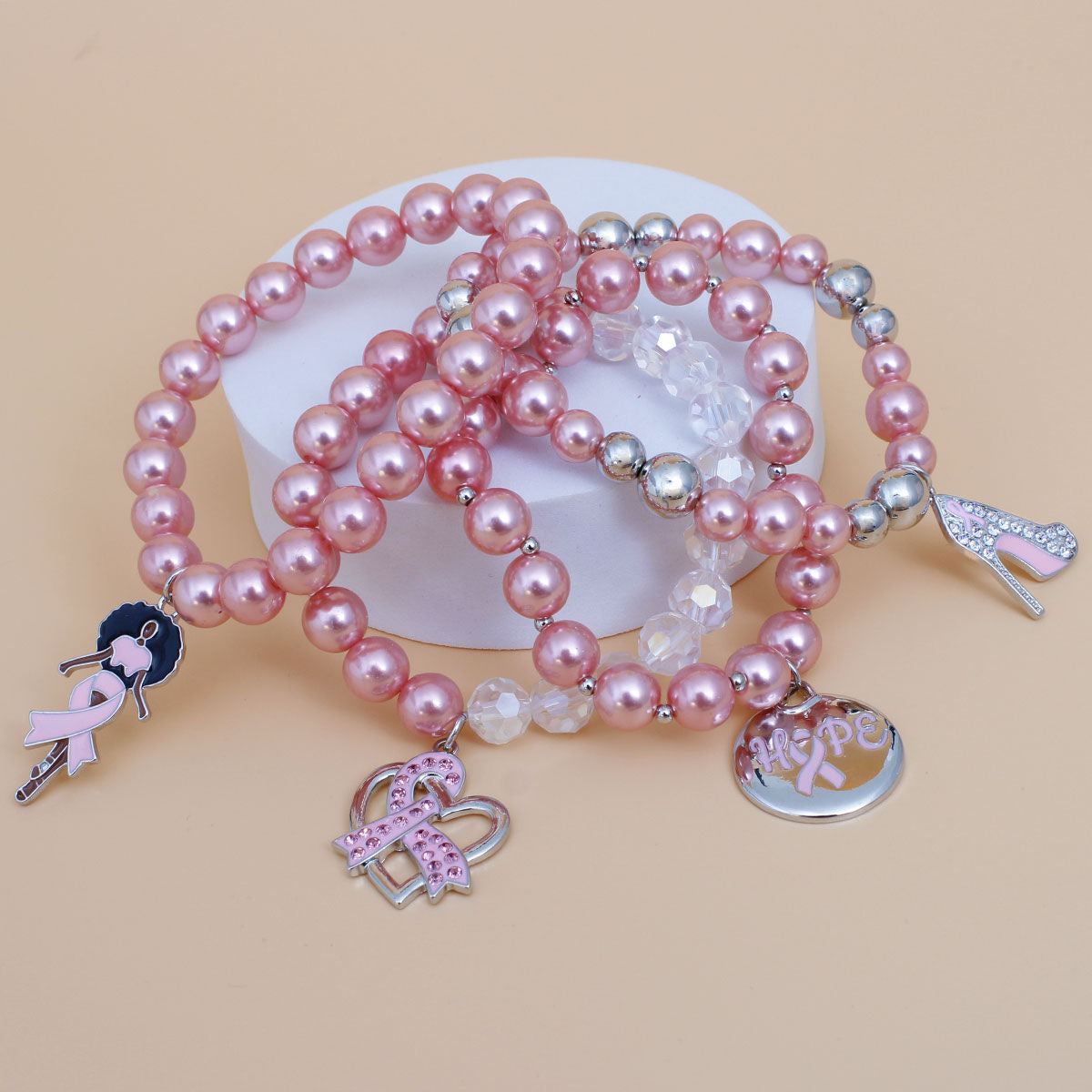 Breast cancer light pink pearl hope 4-piece bracelet set heart high heel charm