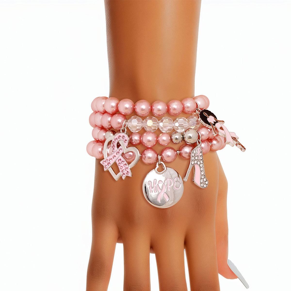 Light pink pearl breast cancer HOPE awareness bracelet set 4pc detail