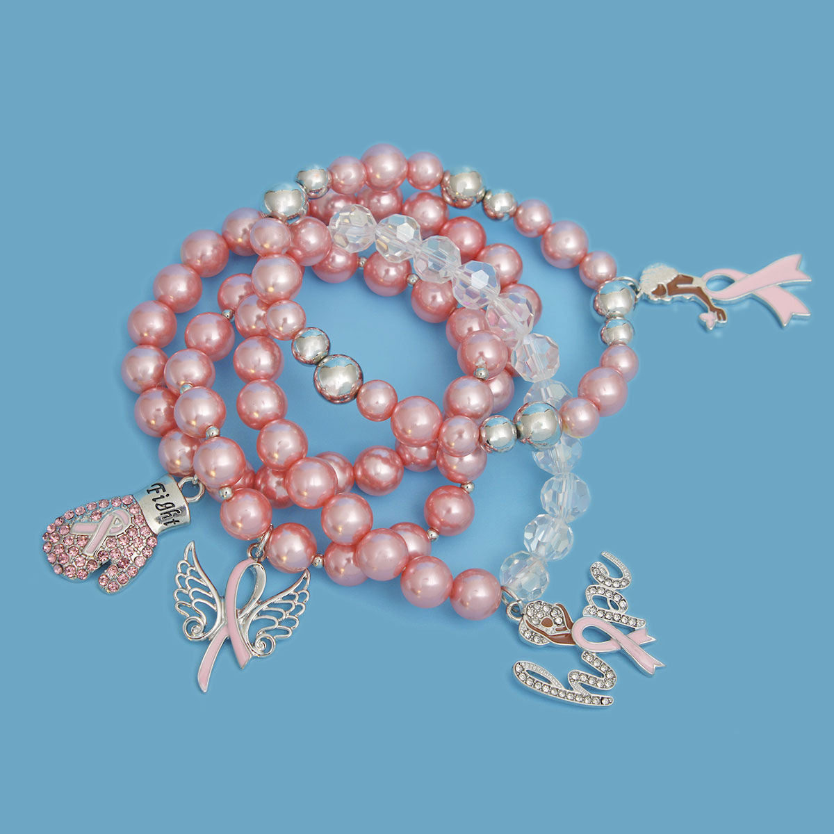 Breast cancer light pink pearl fight 4-piece bracelet set boxing glove charm