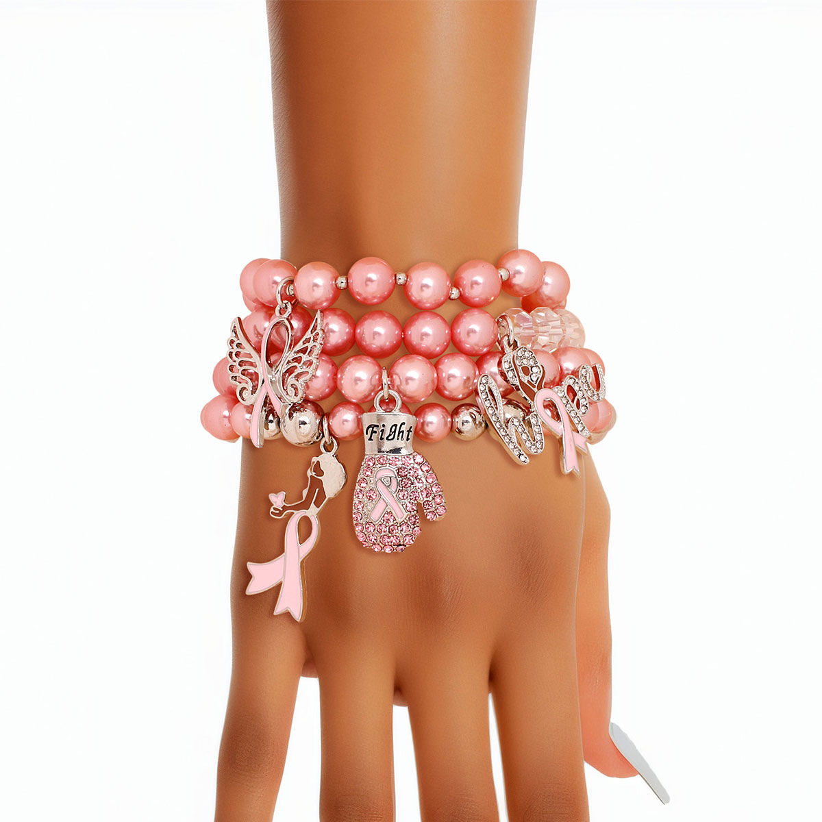 Light pink pearl breast cancer awareness fight bracelet set 4pc angel wings