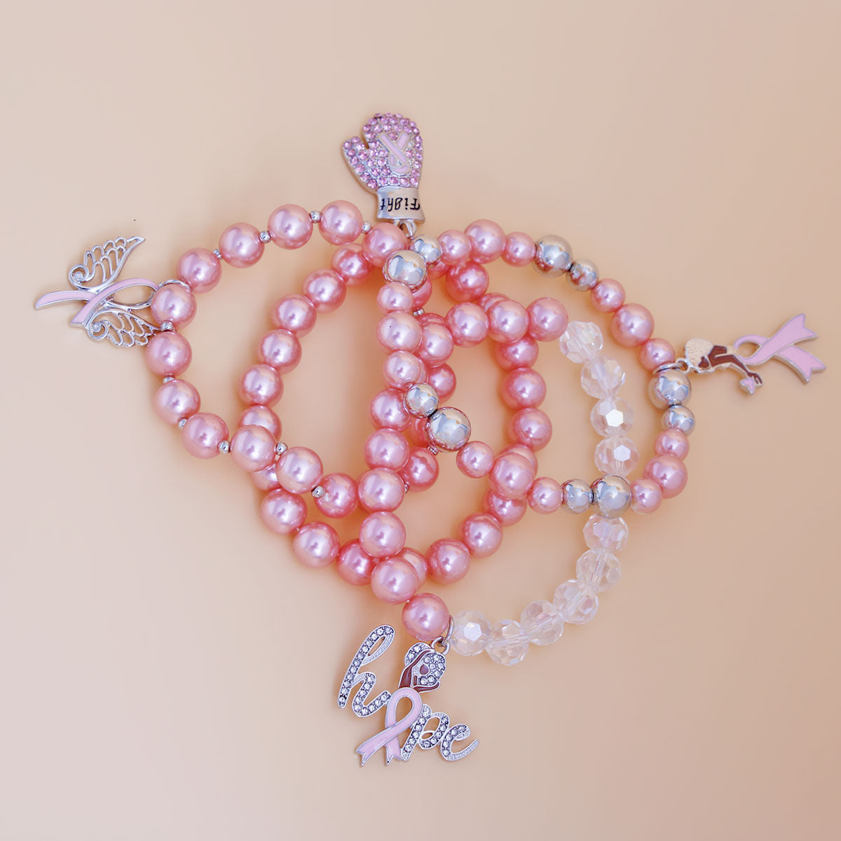Light pink fight bracelet set breast cancer pearl stacked on wrist