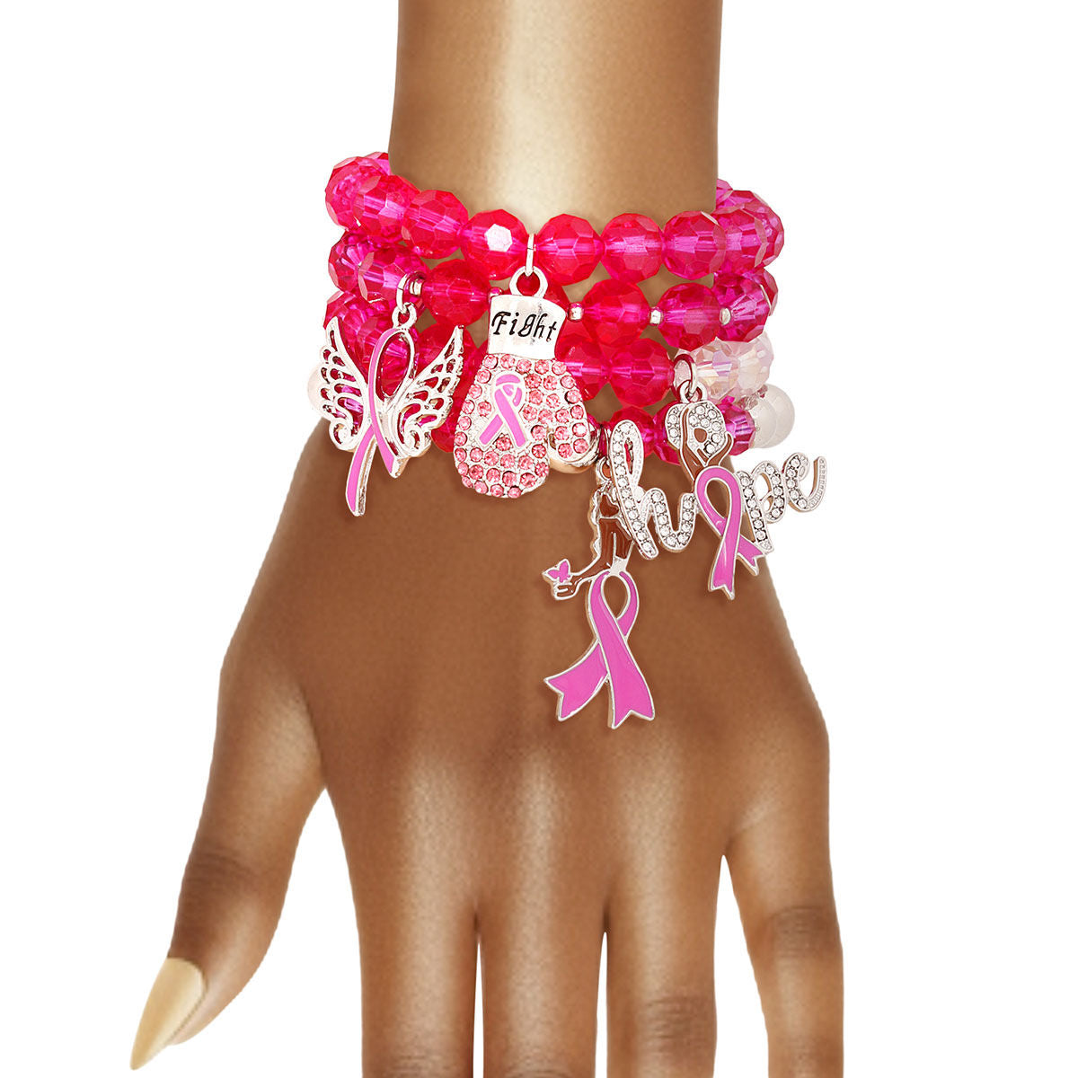 Breast cancer pink glass bead fight 4-piece bracelet set sparkling awareness
