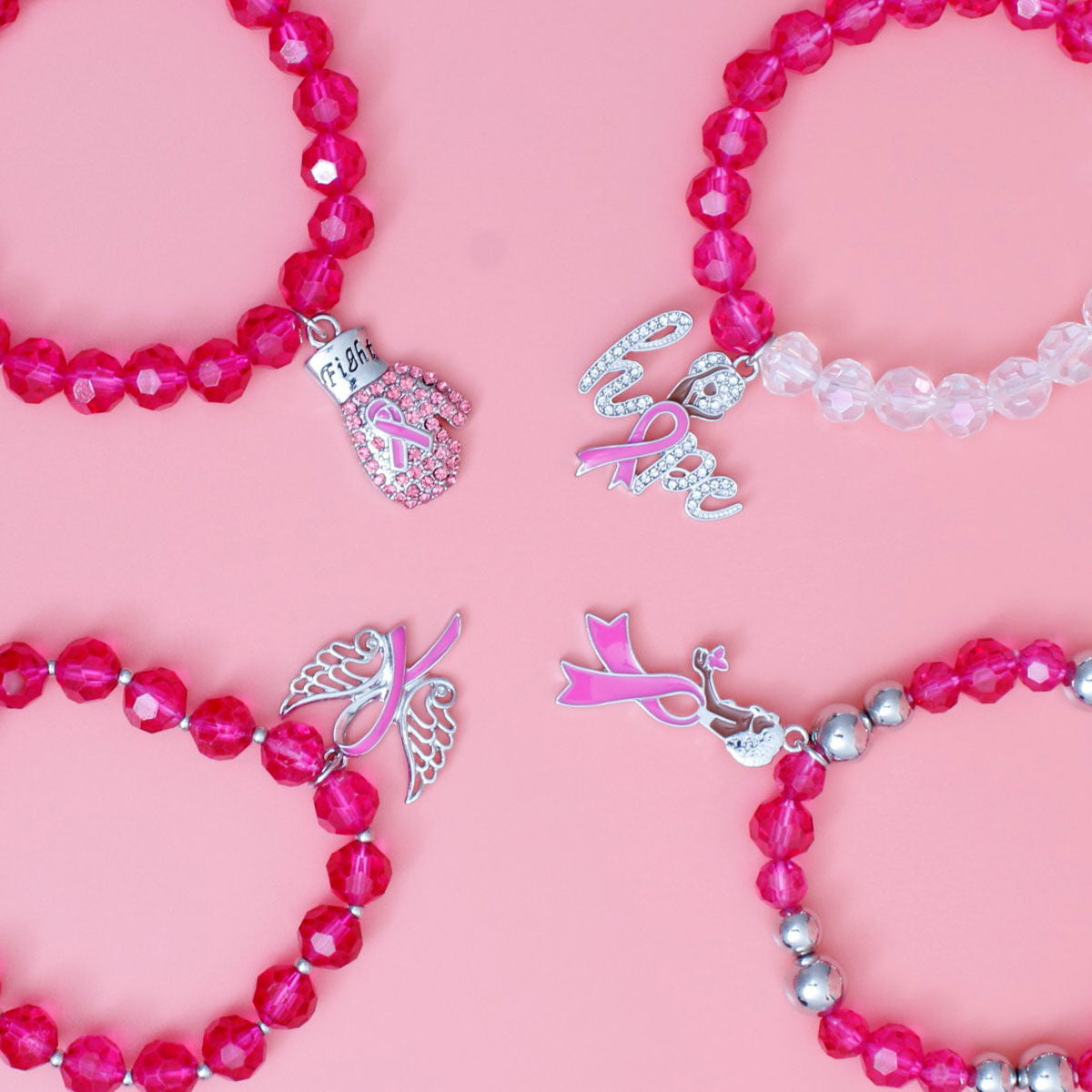 Bold pink glass bead breast cancer fight awareness bracelet 4pc set