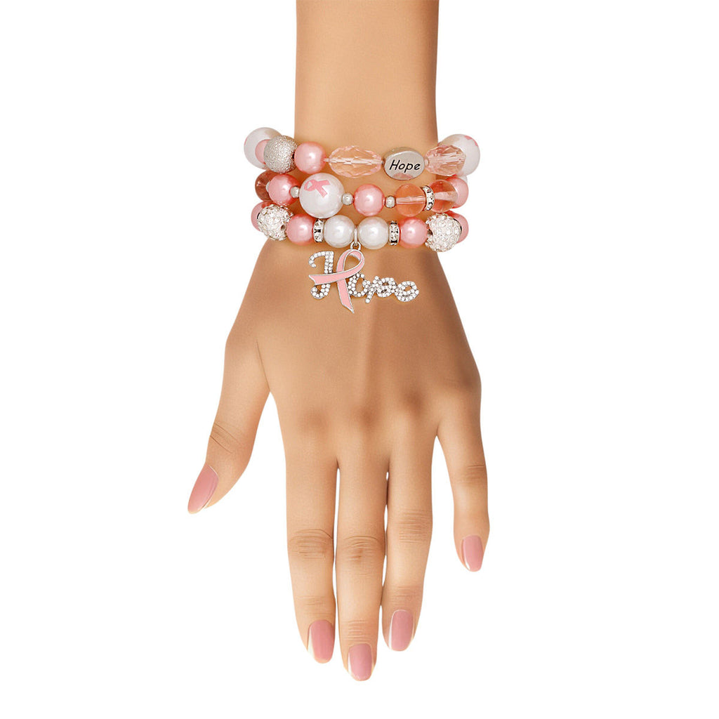Light pink breast cancer HOPE 3-piece stretch bracelet set women
