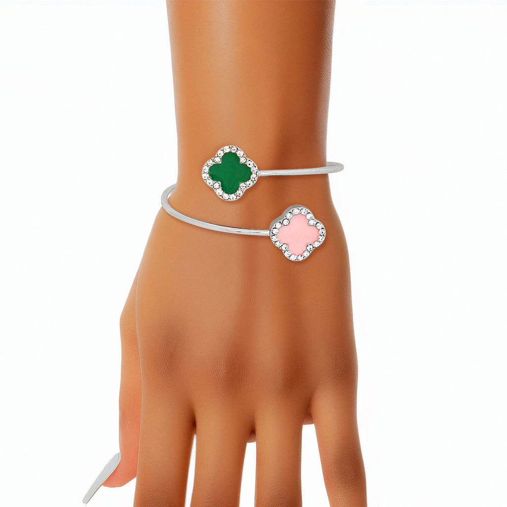 Pink green stone clover open bangle bracelet statement jewelry women
