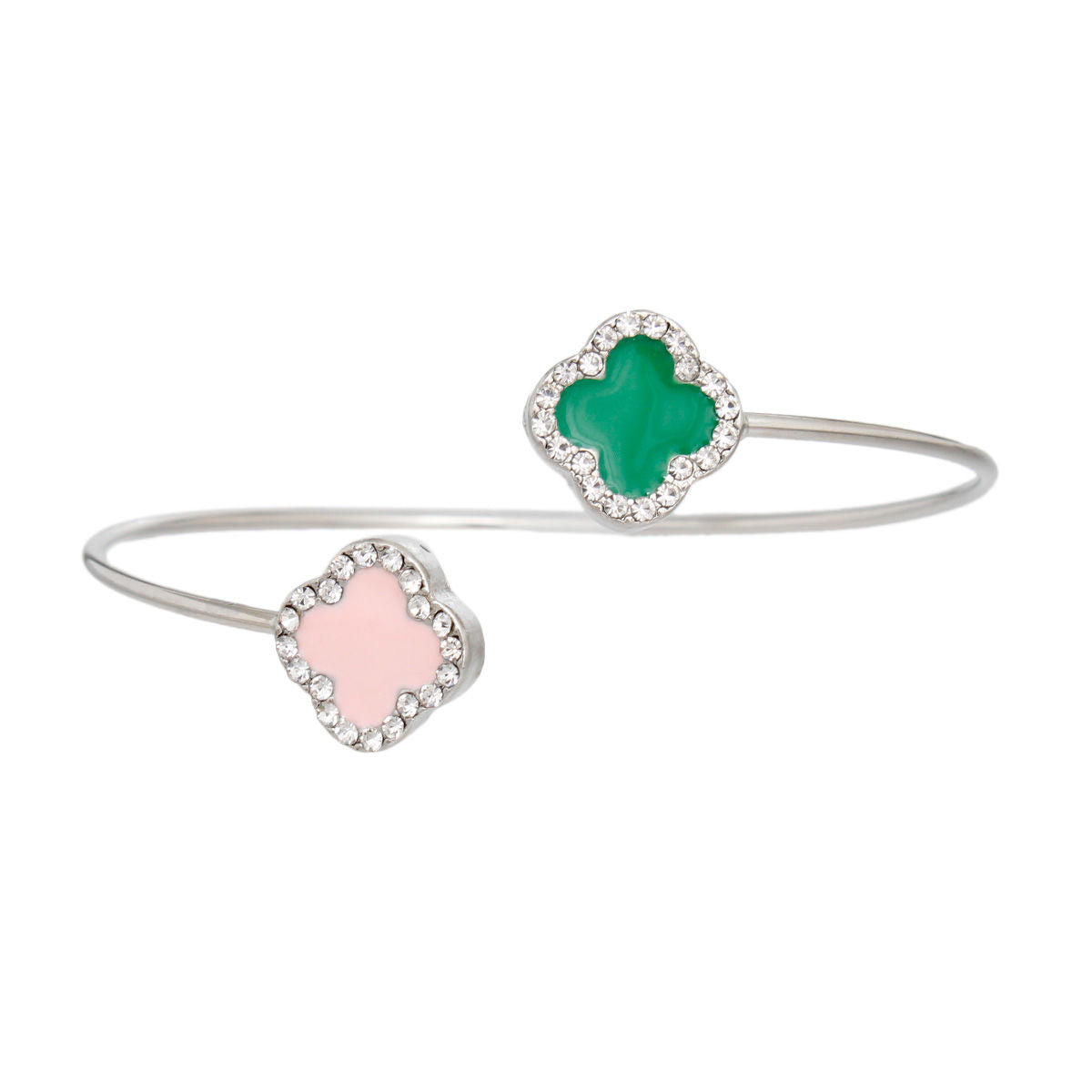 Pink green stone clover bangle bracelet detail close up clover stone