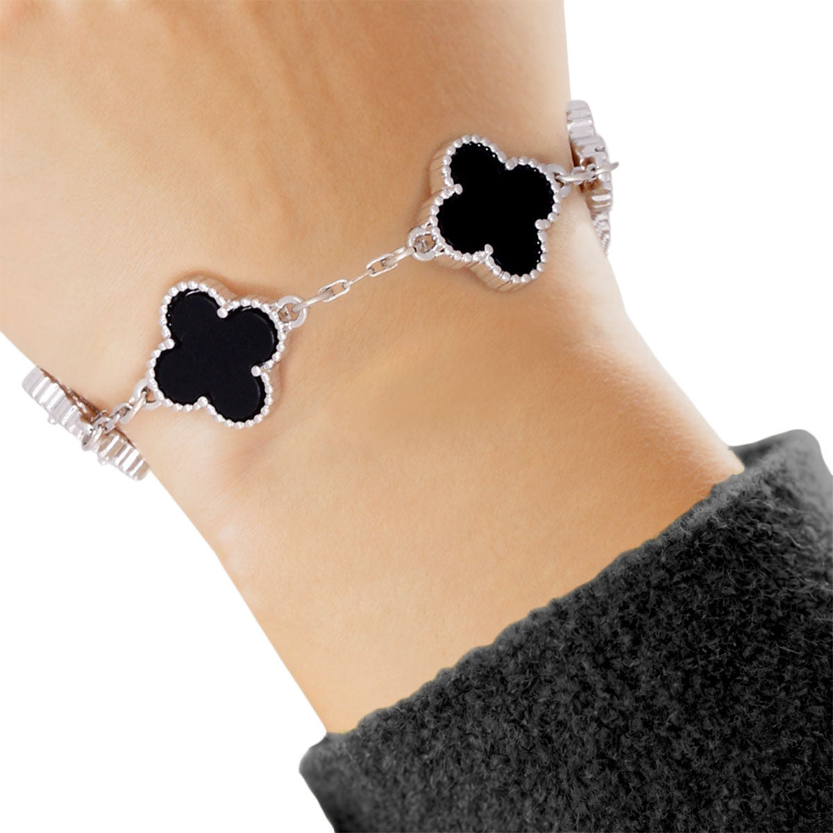 Clover Bracelet Silver Black Quatrefoil Clover 5 Motifs