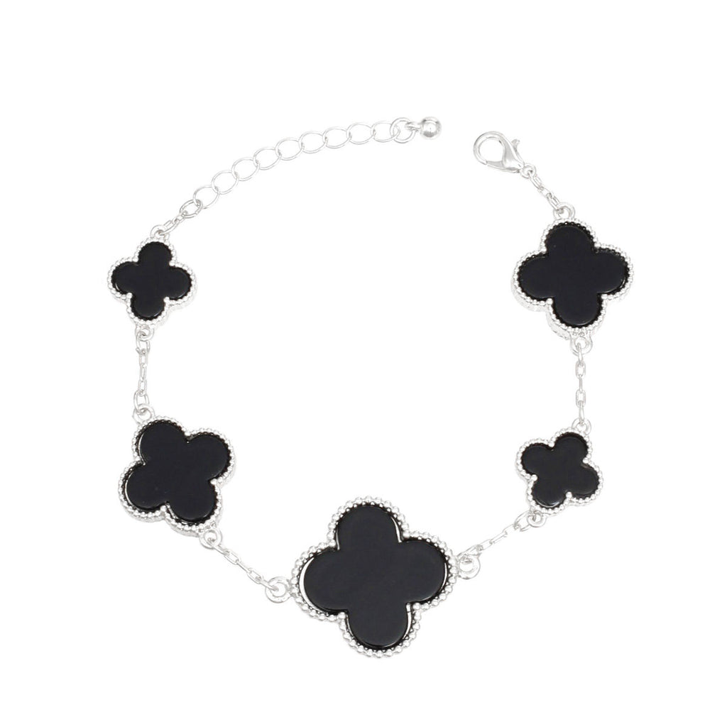 Silver Chain Bracelet with Black Quatrefoil Clover