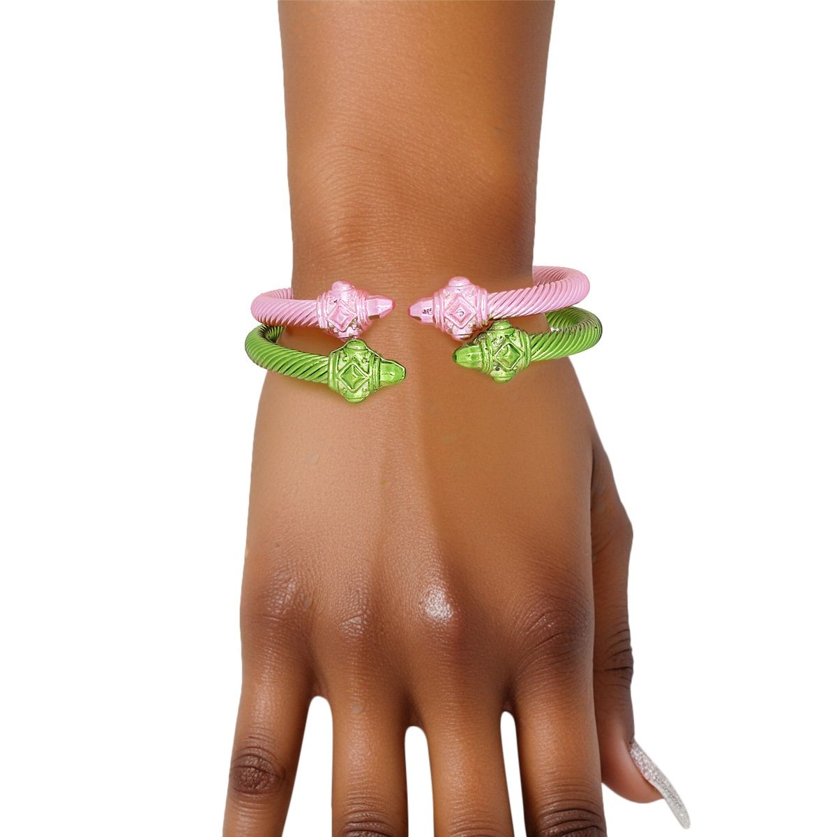 Pink green pointed cable bangle bracelet set metallic epoxy 2-piece women statement