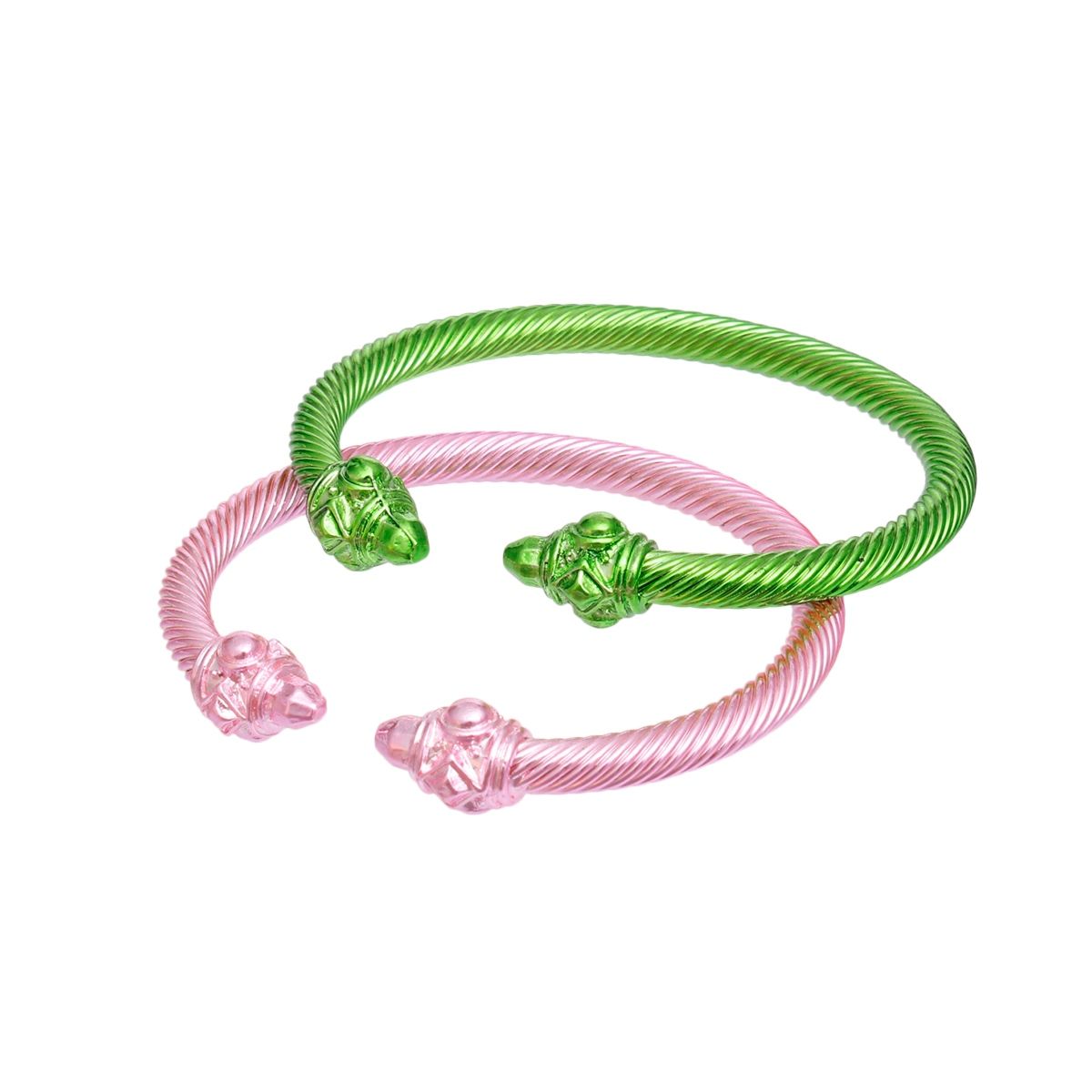 Pink green pointed cable bangle set metallic epoxy detail close up both bangles