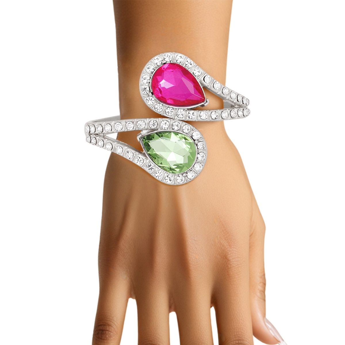 Pink green teardrop crystal cuff bracelet dual color statement jewelry women