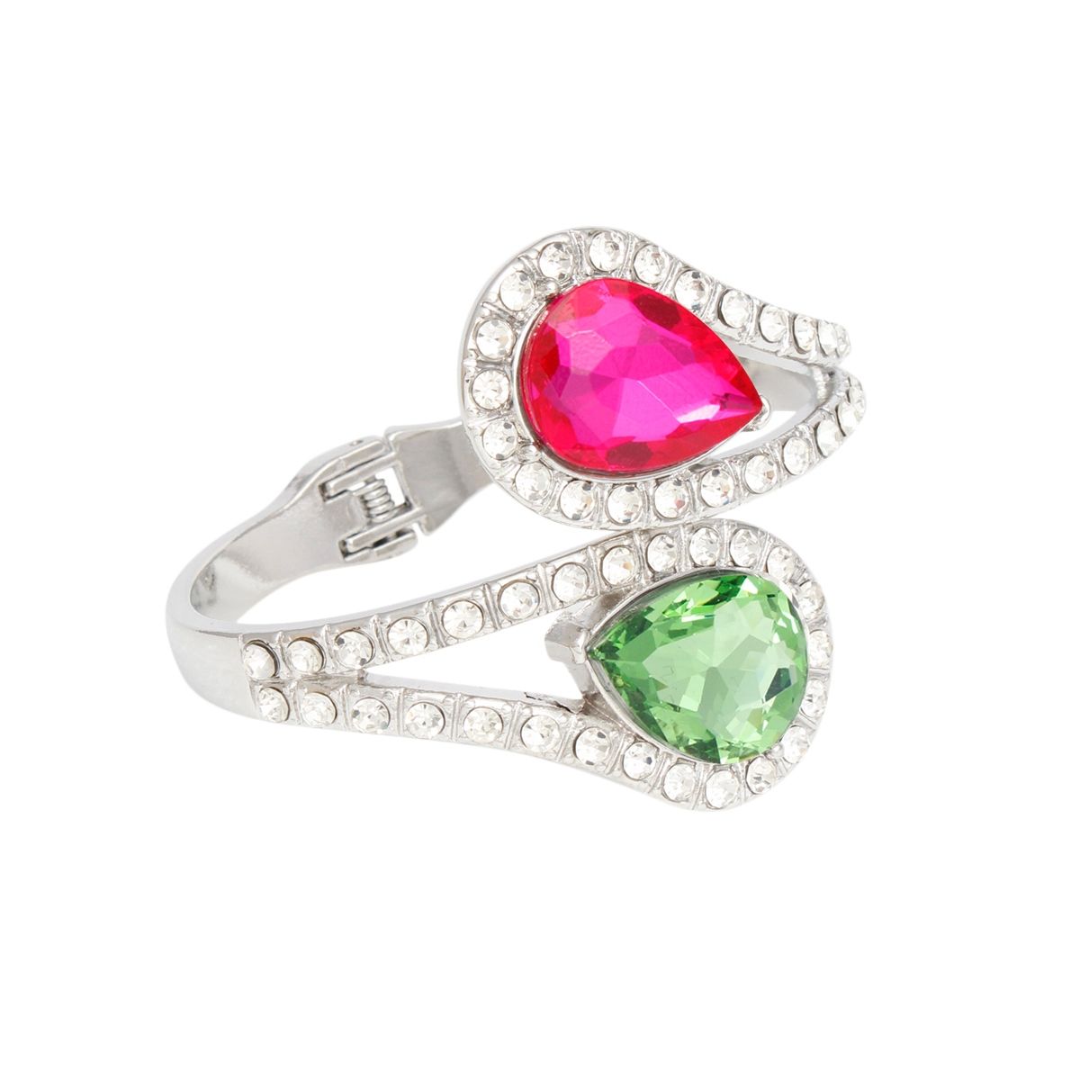 Pink green teardrop crystal cuff bracelet crystal detail close up elegant