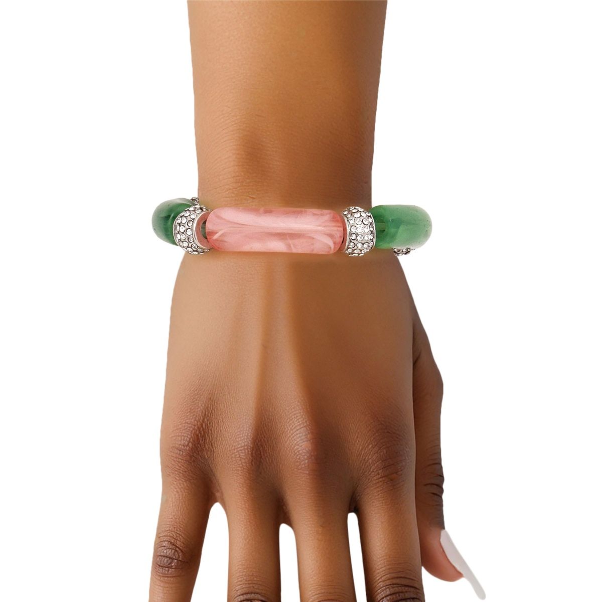 Pink green tubular rondelle bead bracelet statement stretch jewelry women