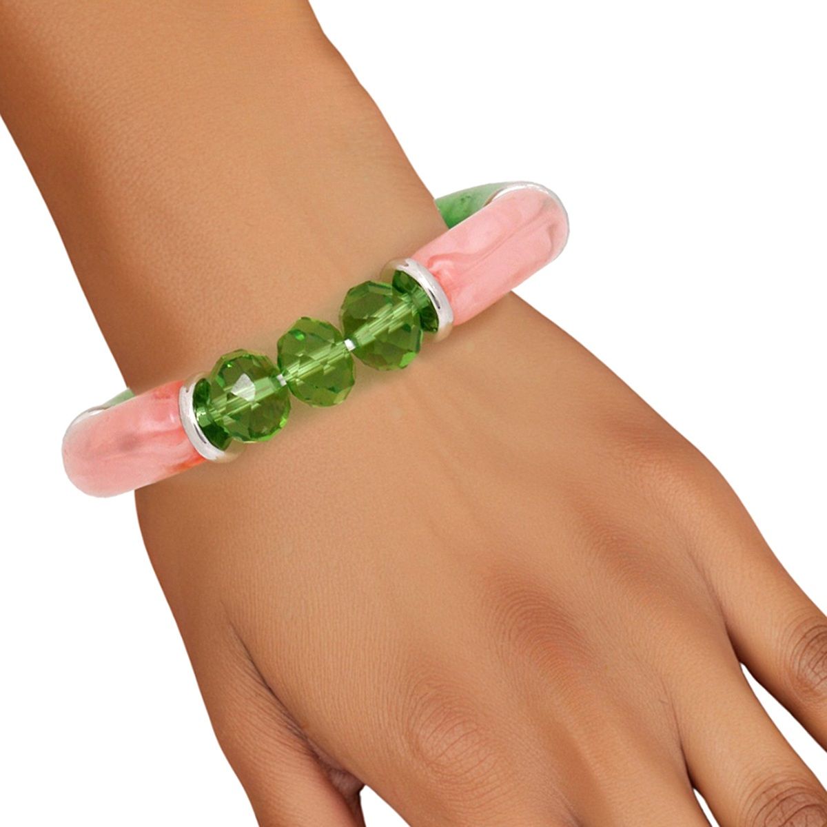 Pink green tubular glass bead bracelet vibrant colorful stretch jewelry women