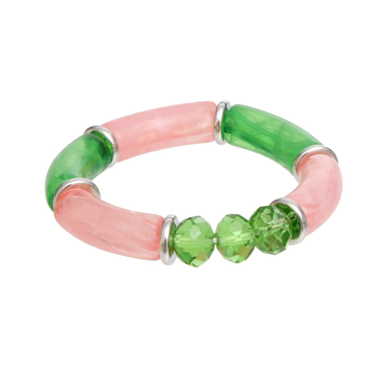 Pink green tubular glass bead bracelet bead detail close up colorful