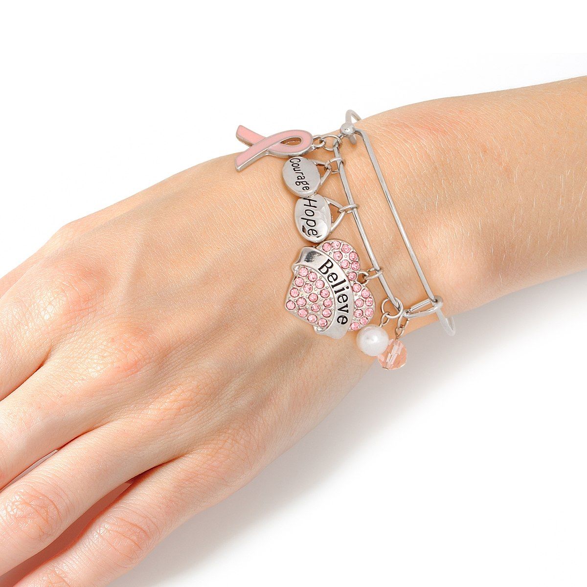 Breast cancer silver wire light pink believe bangle awareness ribbon bracelet