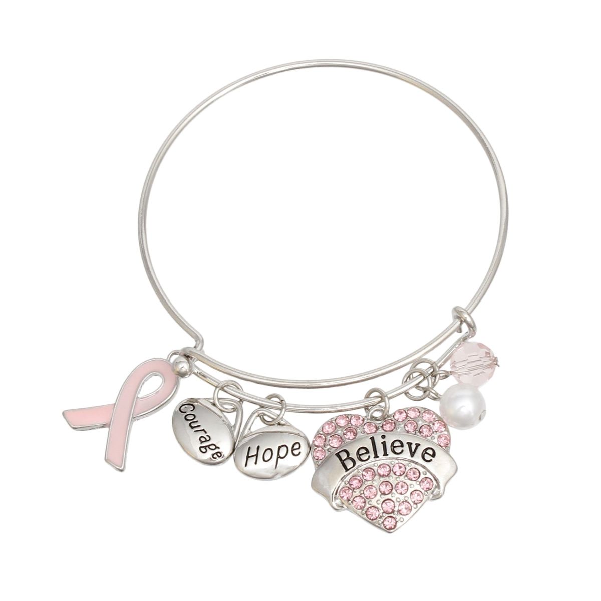 Silver wire light pink BELIEVE breast cancer awareness bangle bracelet