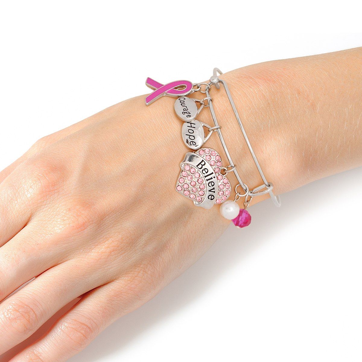 Breast cancer silver wire fuchsia pink believe bangle bold awareness bracelet