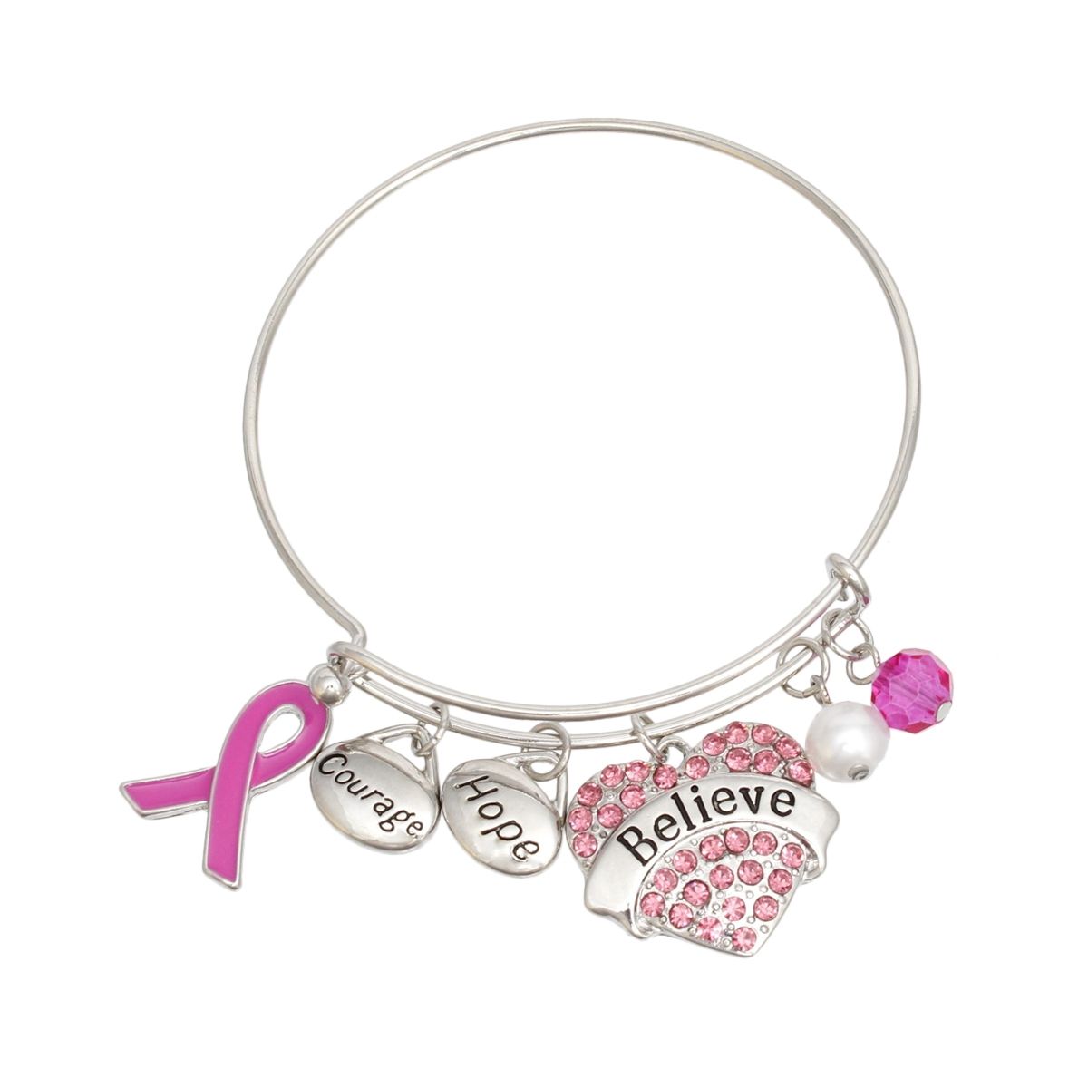 Silver wire bold fuchsia BELIEVE breast cancer awareness bangle bracelet