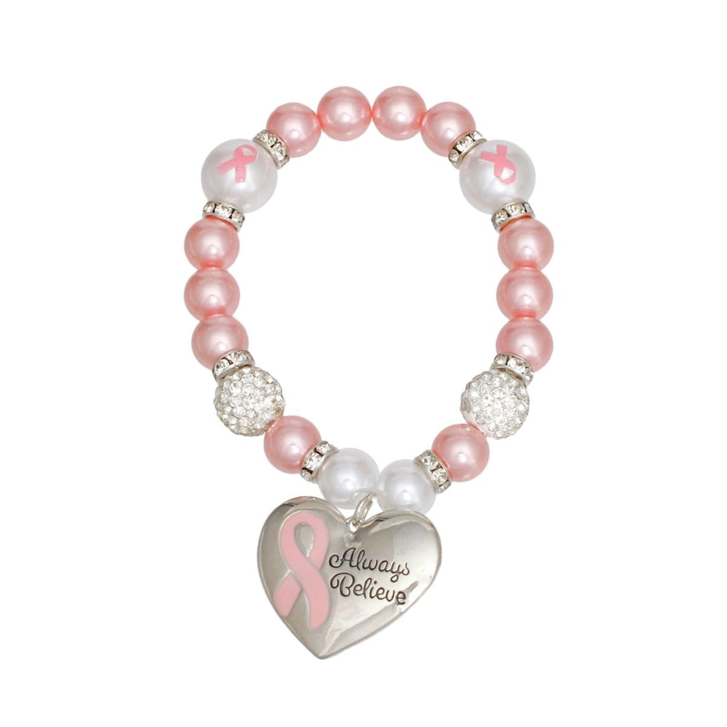 Light pink pearl breast cancer awareness heart charm bracelet close up