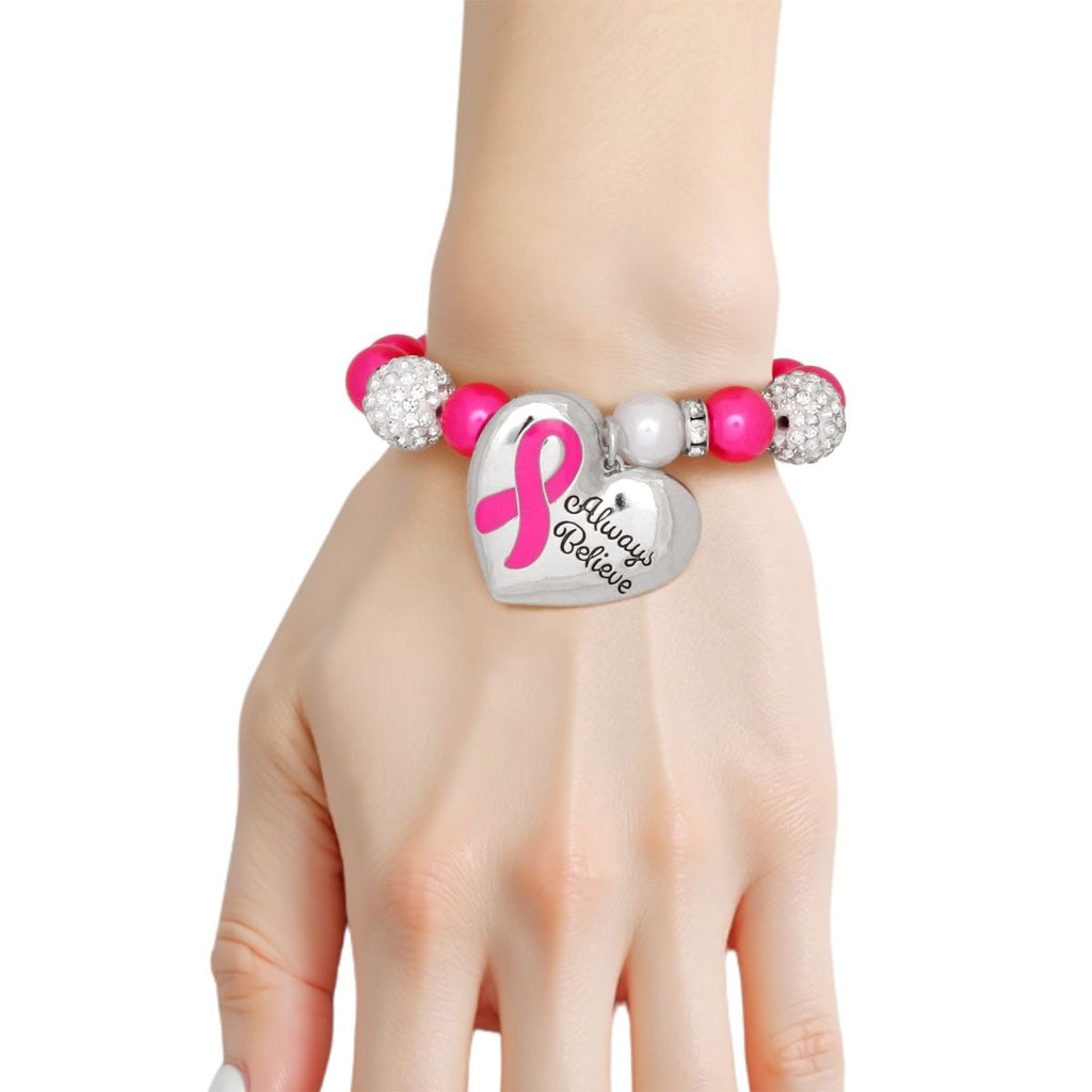 Breast cancer fuchsia pink pearl heart charm stretch bracelet awareness