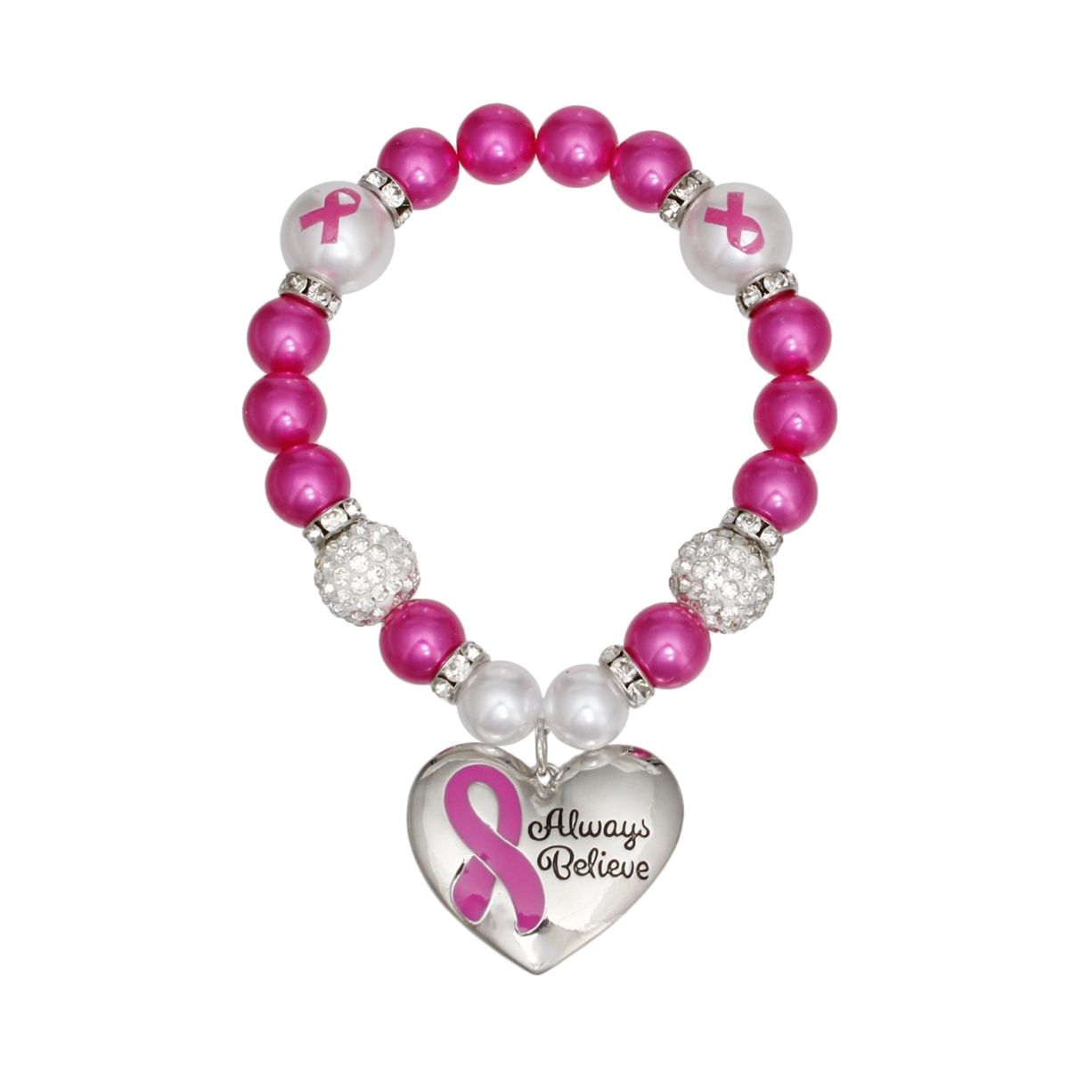Bold pink pearl breast cancer awareness heart charm bracelet close up