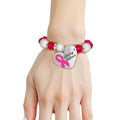 Breast cancer pink glass bead heart charm stretch bracelet sparkling awareness