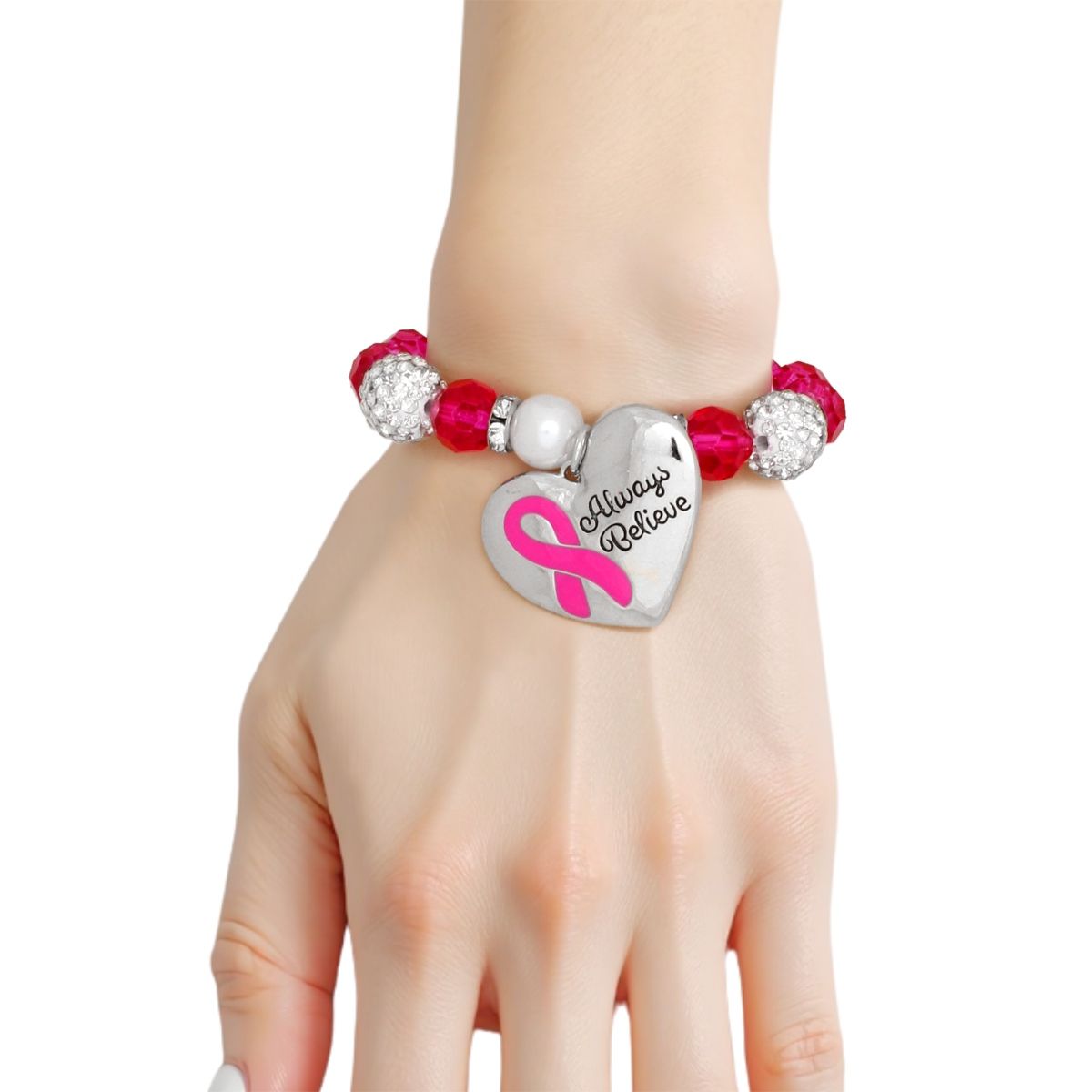 Breast cancer pink glass bead heart charm stretch bracelet sparkling awareness