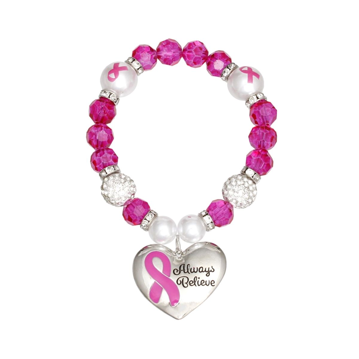 Pink glass bead breast cancer awareness heart charm bracelet close up