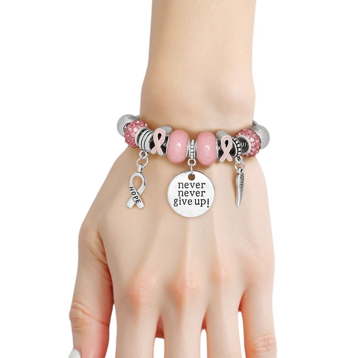 Breast cancer silver never give up charm bracelet awareness ribbon jewelry