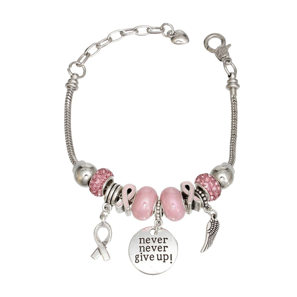 Silver never give up breast cancer awareness charm bracelet close up