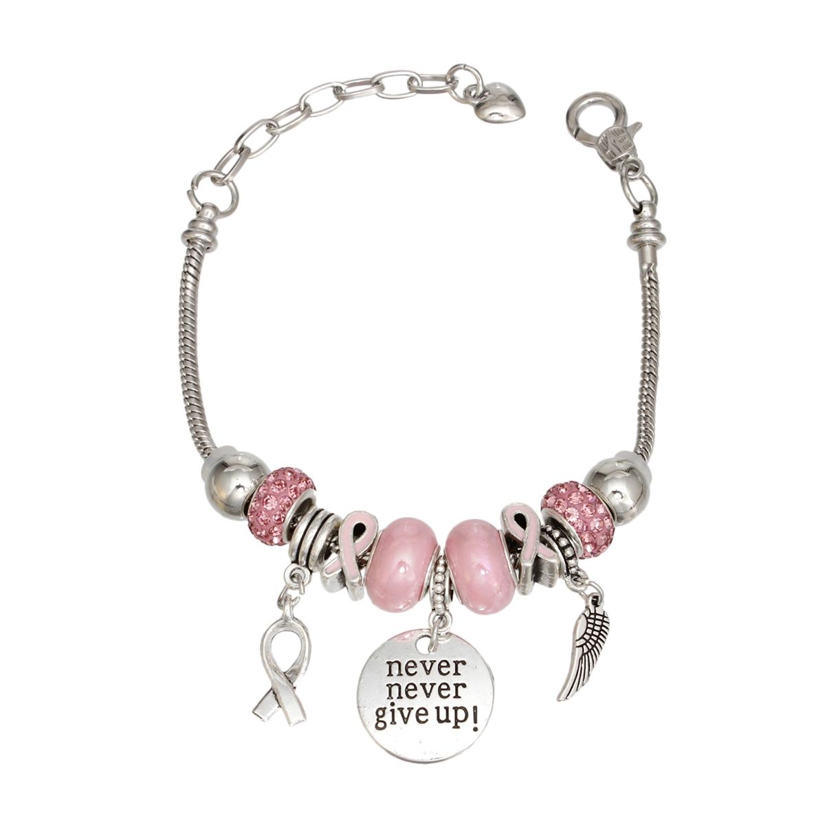 Silver never give up breast cancer awareness charm bracelet close up