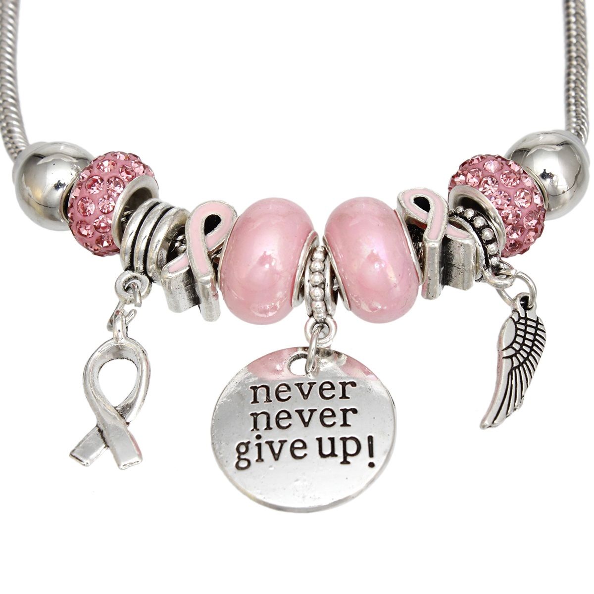 Never give up breast cancer silver charm bracelet on wrist