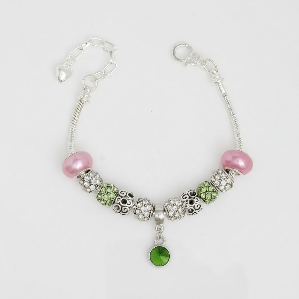 Pink green snake chain charm bracelet silver European style rhinestone slides women