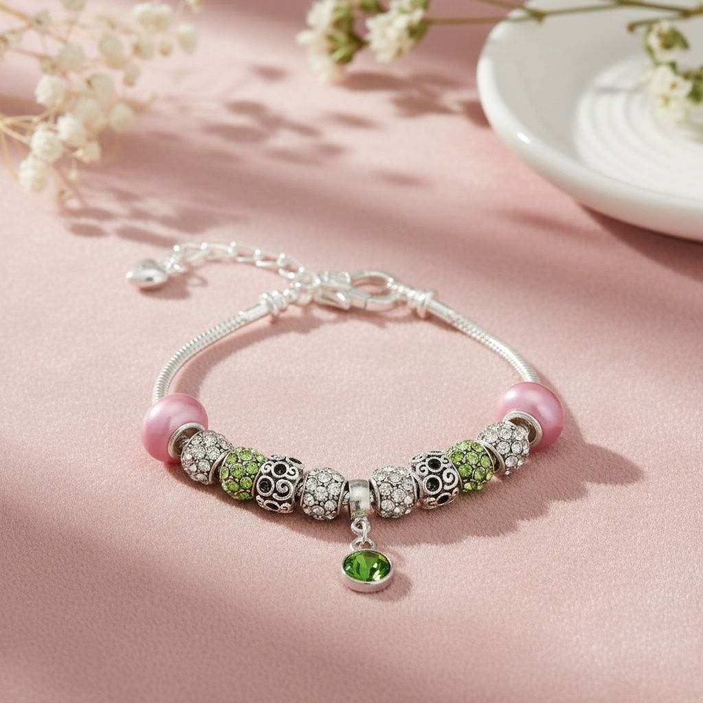 Pink green silver snake chain charm bracelet front view European style bold