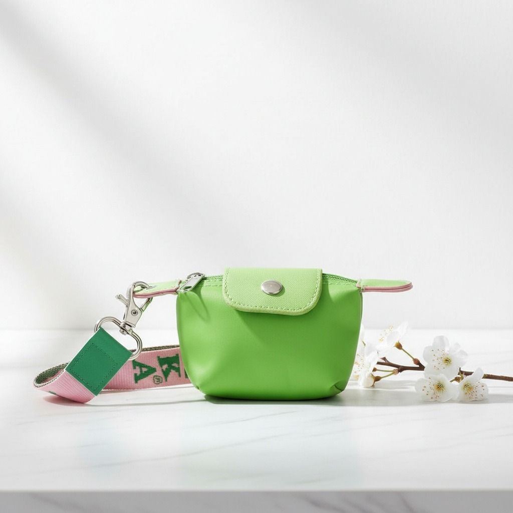 Green nylon mini wristlet pouch zipper faux leather flap detail close up
