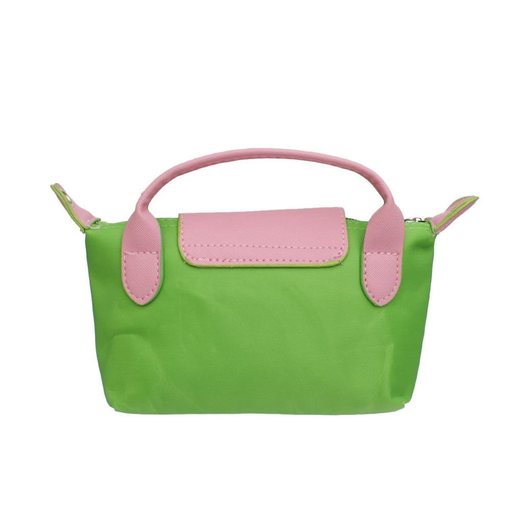 Green pink mini pouch crossbody purse side view handle strap