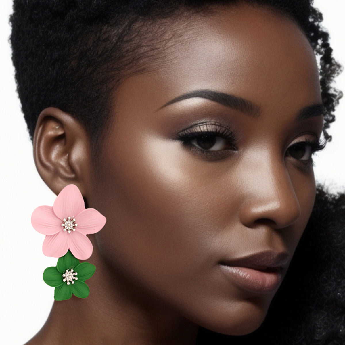 Pink green flower earrings vibrant floral statement jewelry women