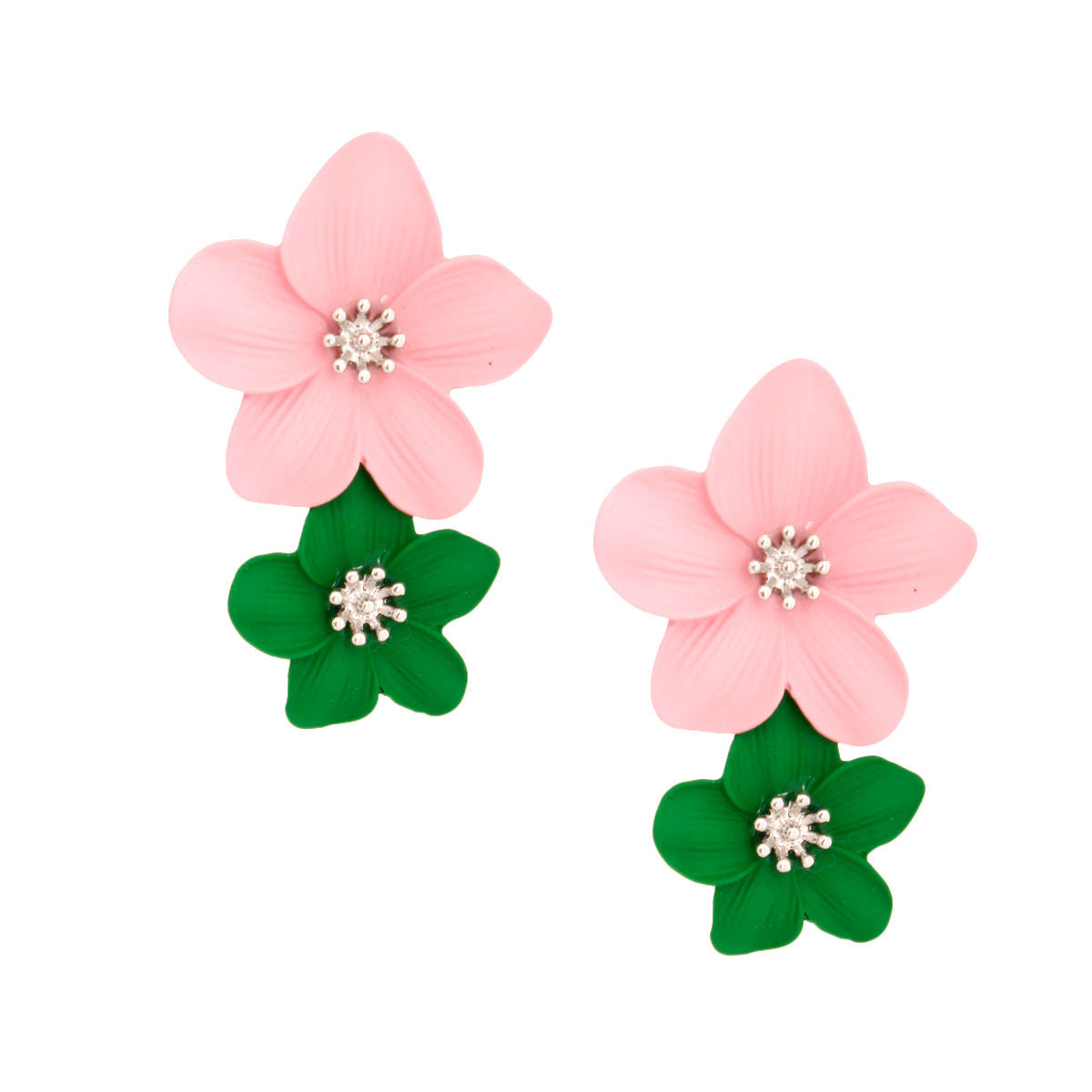 Pink green flower earrings floral detail close up vibrant