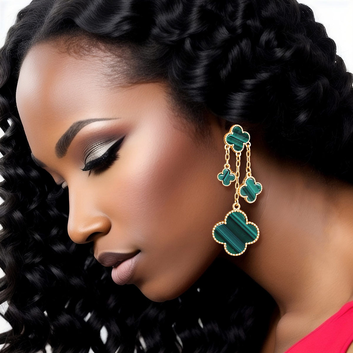 Dangle Green Clover Earrings Gold Chain Earrings for Women